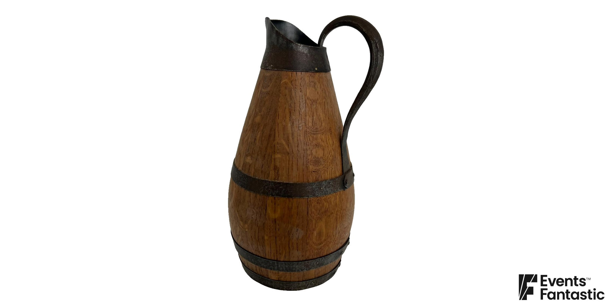 Medieval Water Jug with honey oak staves, an iron pouring lip, curved strap handle and riveted bands, available to hire.