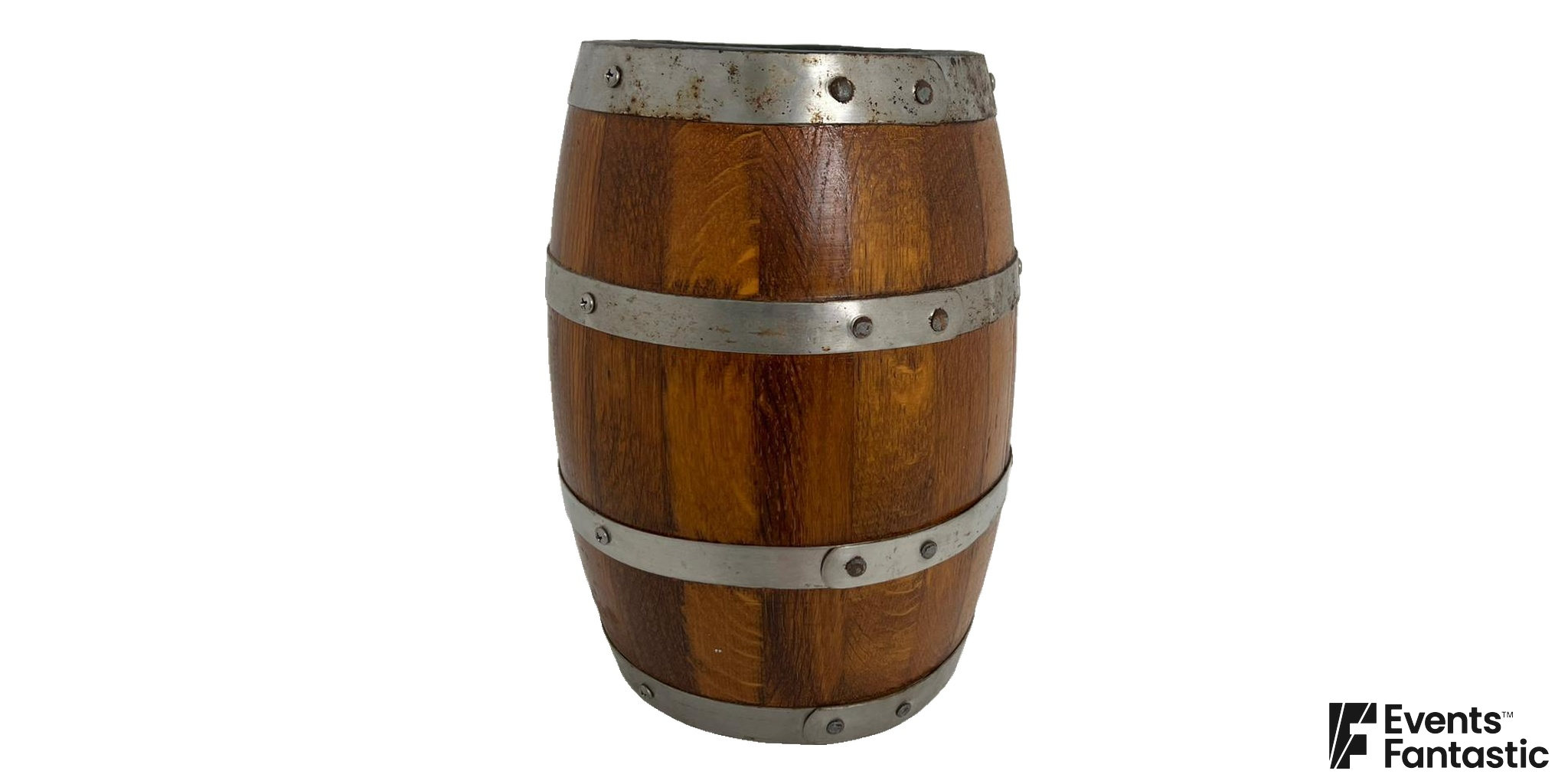 Medieval Small Timber Wine Barrel in varnished oak staves with four bright steel hoops and domed rivets, available to hire.