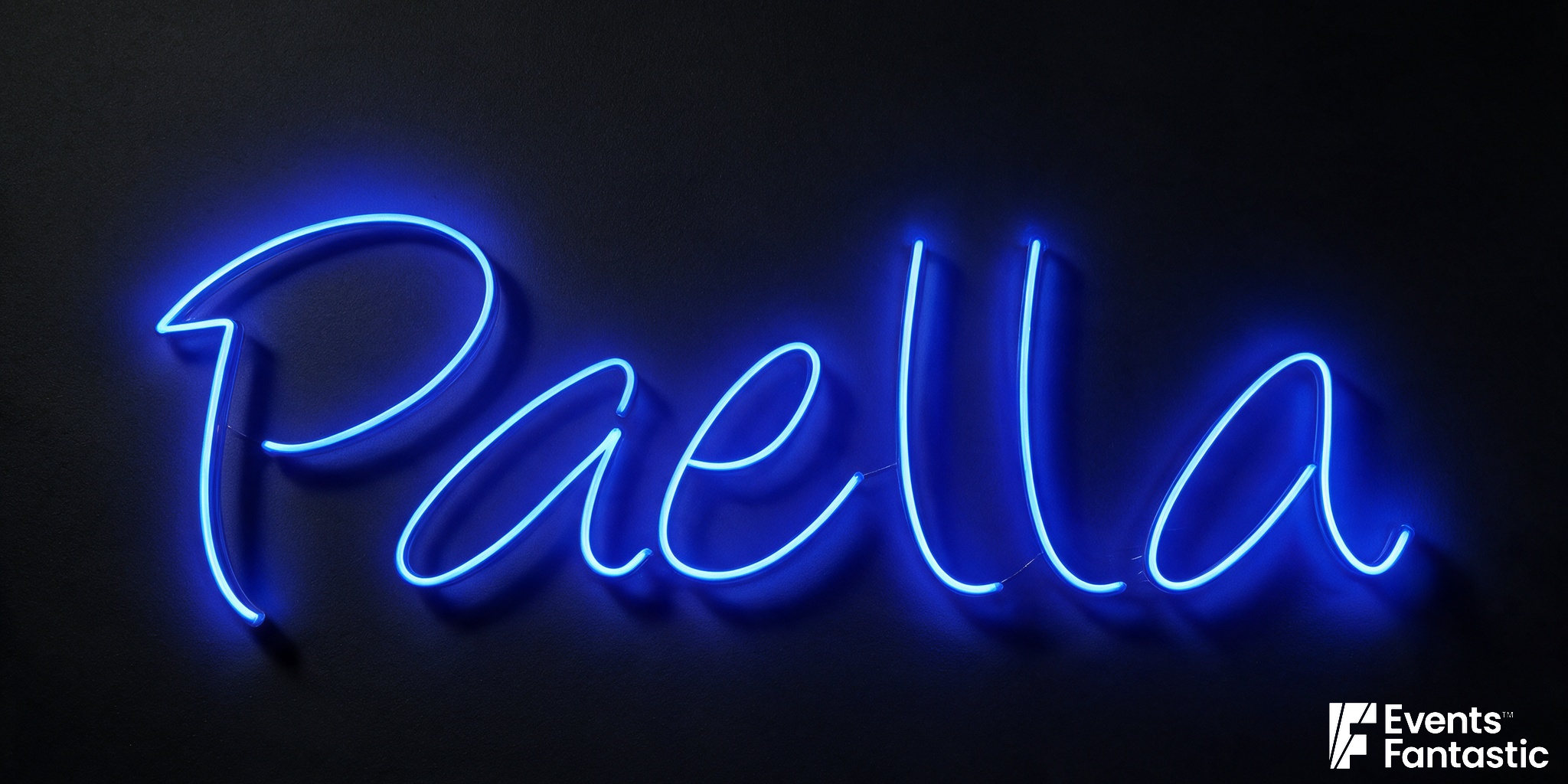 Blue illuminated Paella script sign, shown against a dark background.