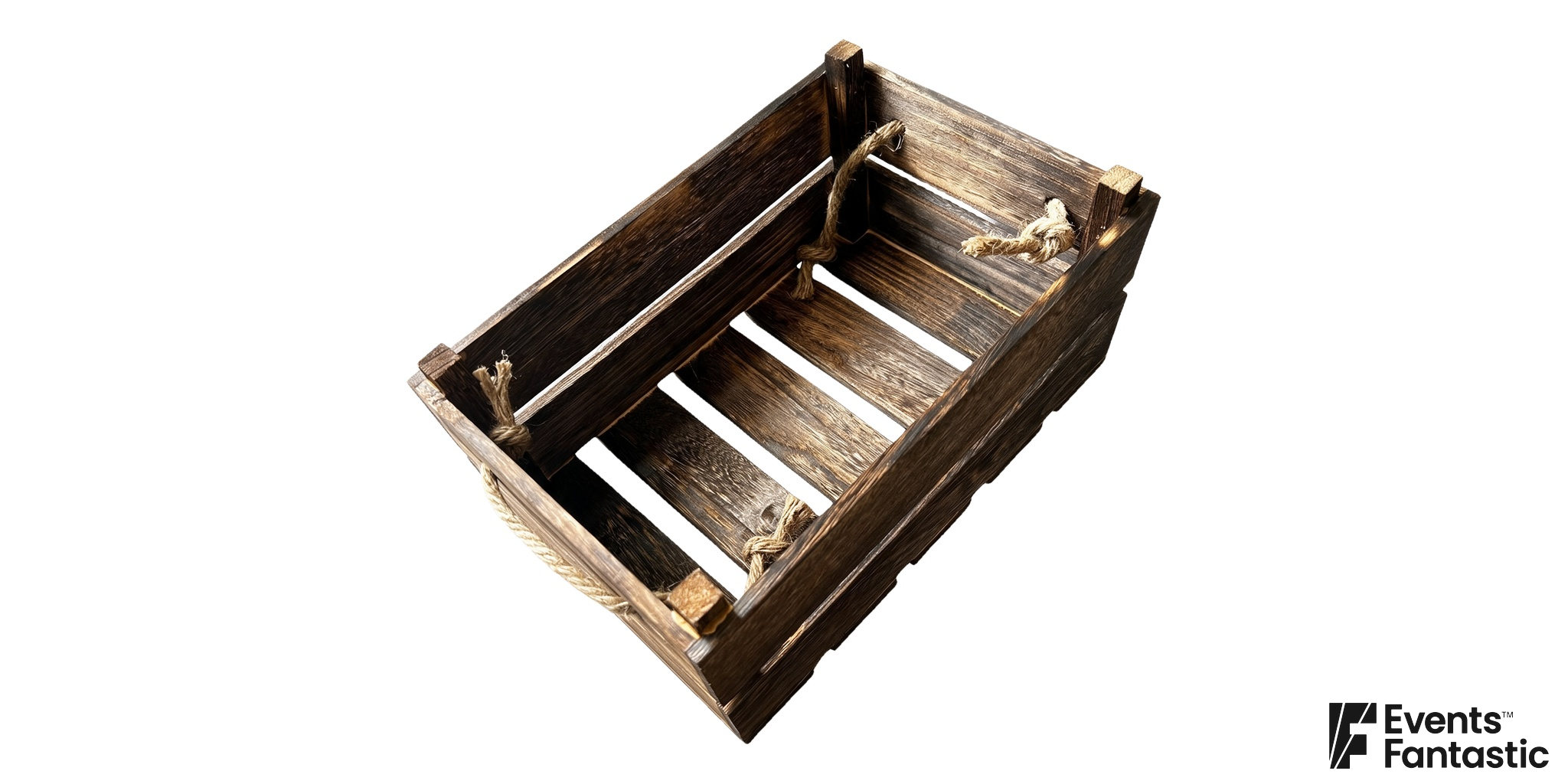 Small Timber Crate with Rope Handles in dark timber with open slatted sides and base and rope knotted at each end, available to hire.