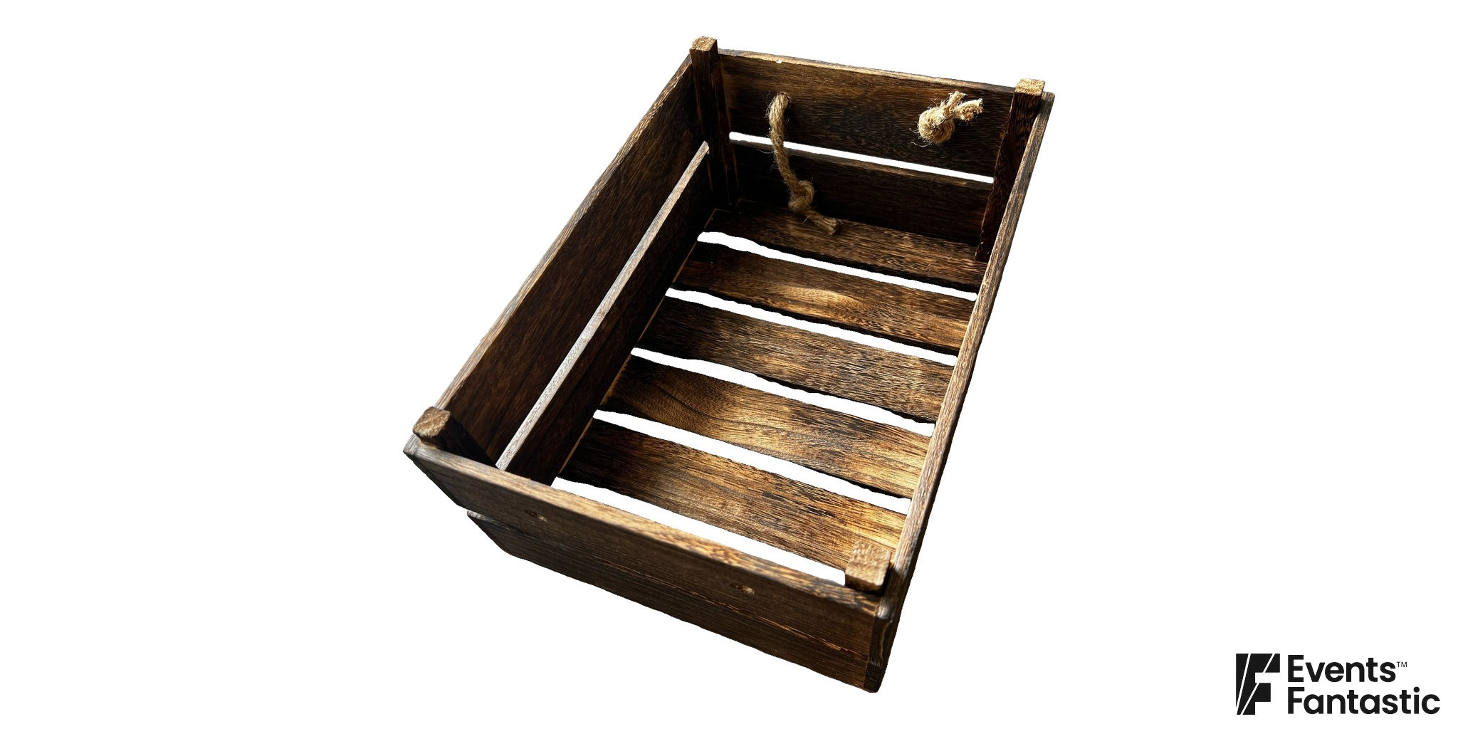 Large Timber Crate with Rope Handles in dark slatted timber with corner posts and a knotted rope handle on the far end, available to hire.