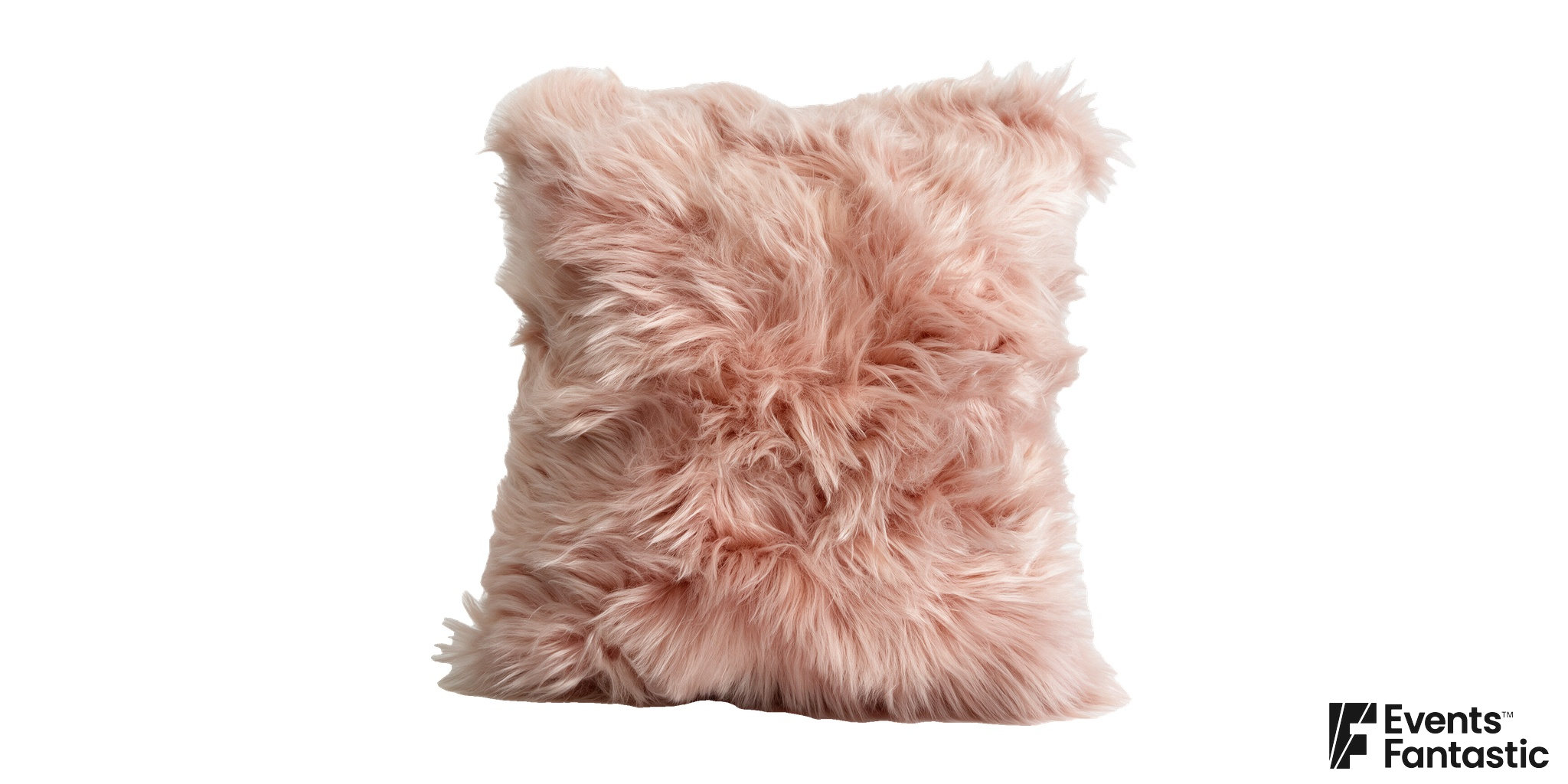 Pale blush pink cushion with long fluffy pile, loose directional strands and textured edges on a white background.