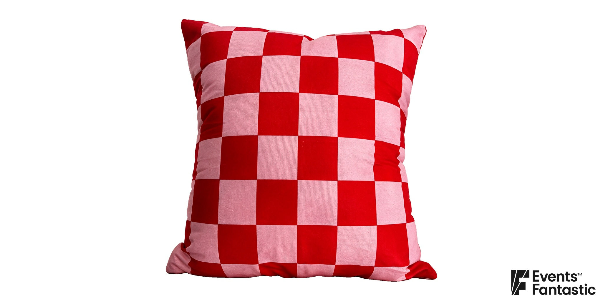 Cushion with large alternating pink and red checkerboard squares, pointed corners and visible fabric texture on white.