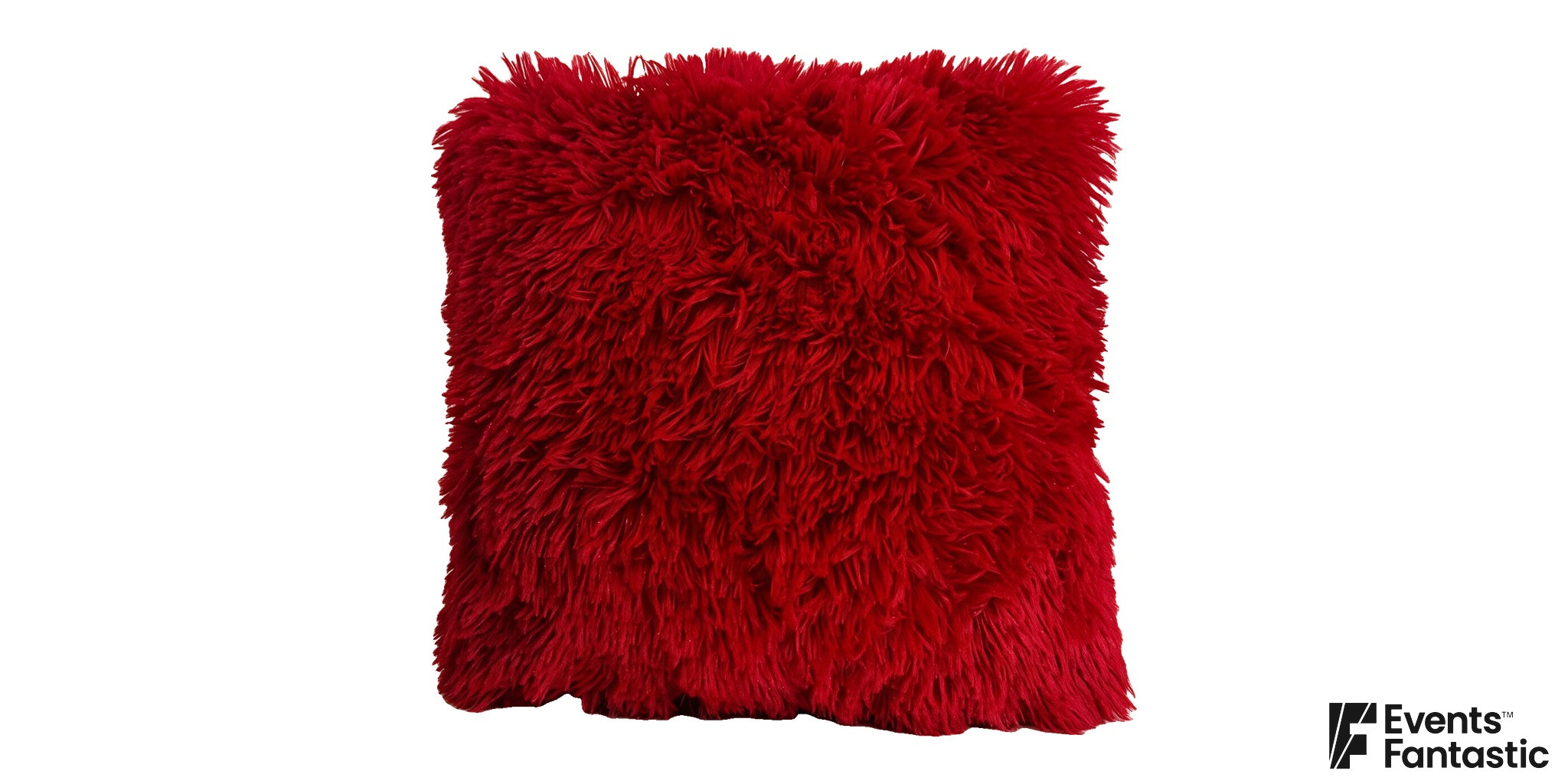 Red cushion with dense fluffy pile, irregular strands and textured edges, shown alone on a white background.