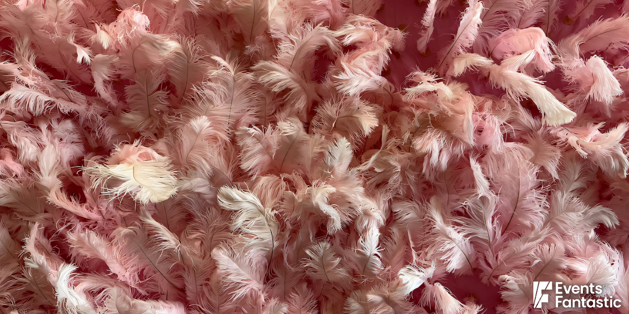 Close-up of overlapping pink feather shapes on the feather wall surface.