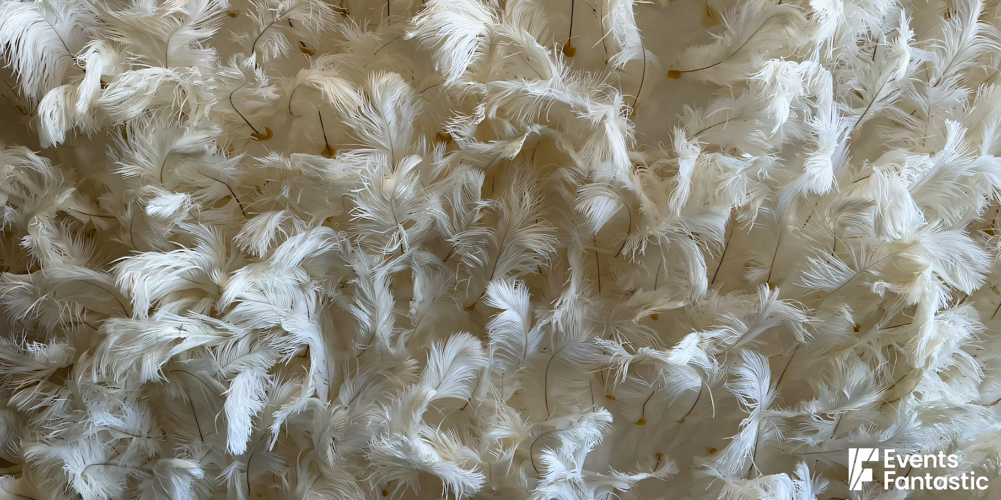 Close-up of overlapping white feather shapes on the feather wall surface.