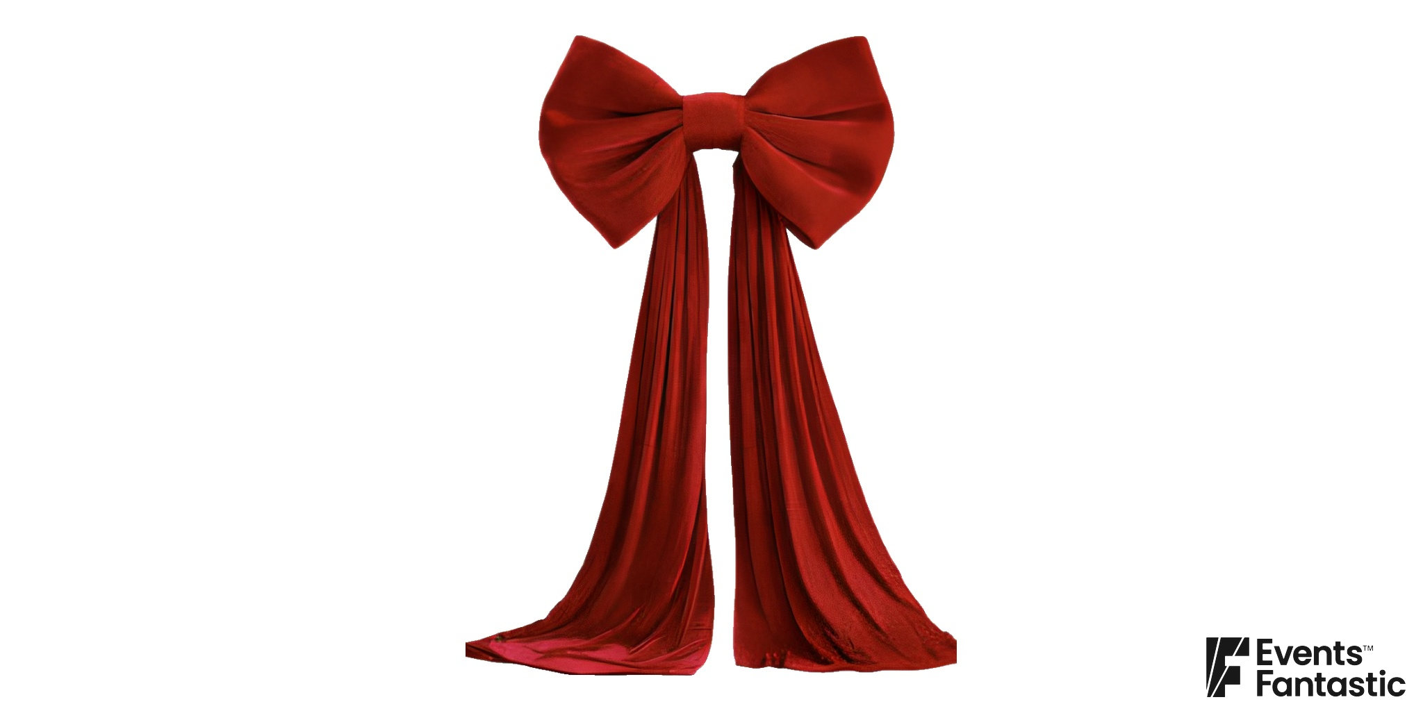 Red decorative bow with two broad loops, a gathered centre and two long tails.