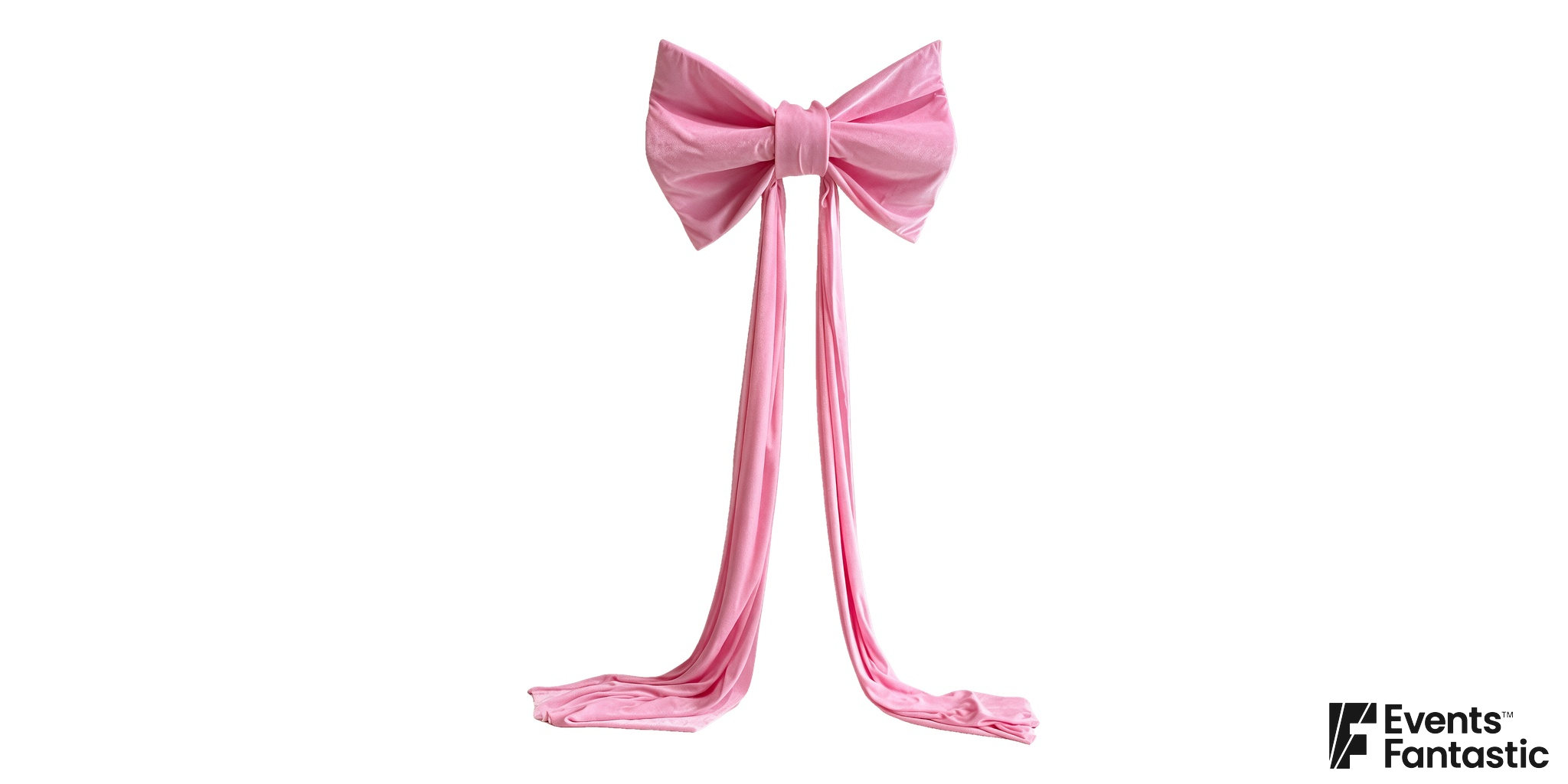 Pink decorative bow with two broad loops, a gathered centre and two long tails.