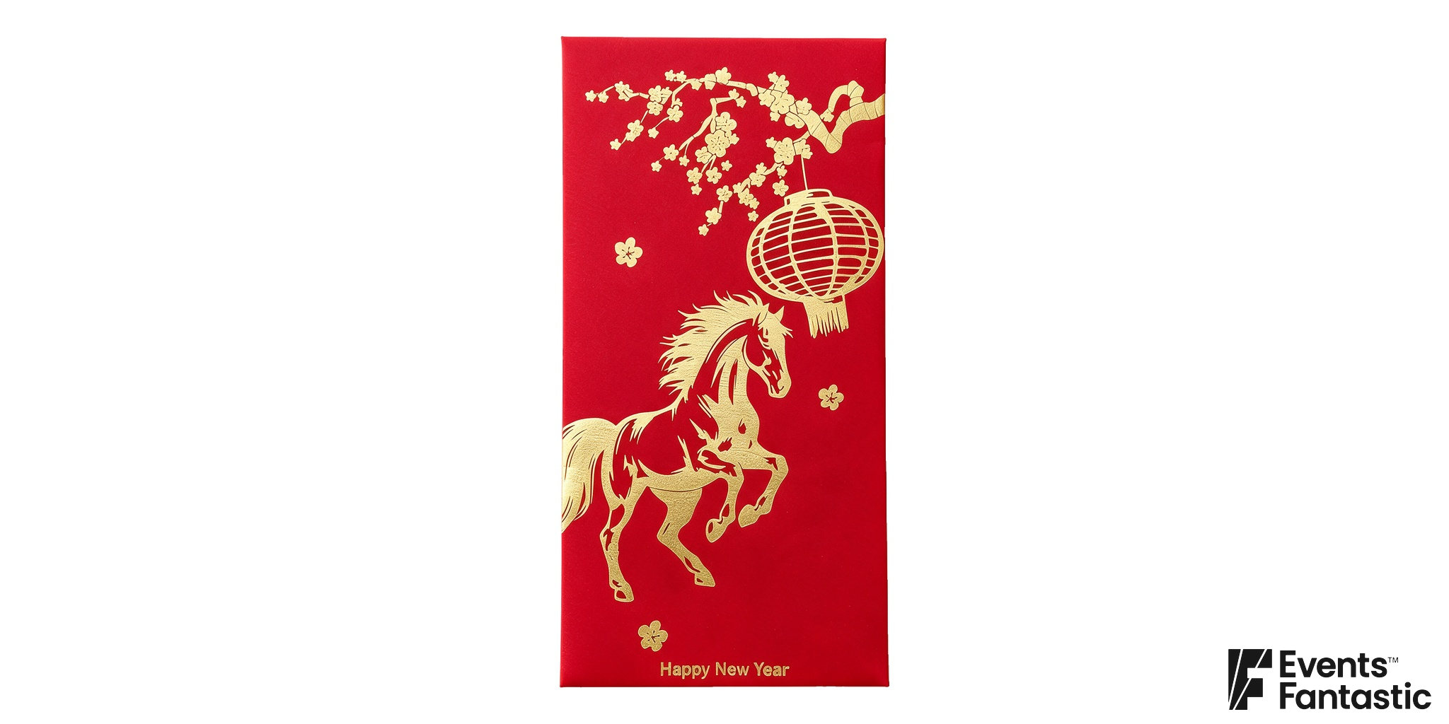 Red envelope with a gold horse, a hanging round lantern and a blossom-covered branch across the top.