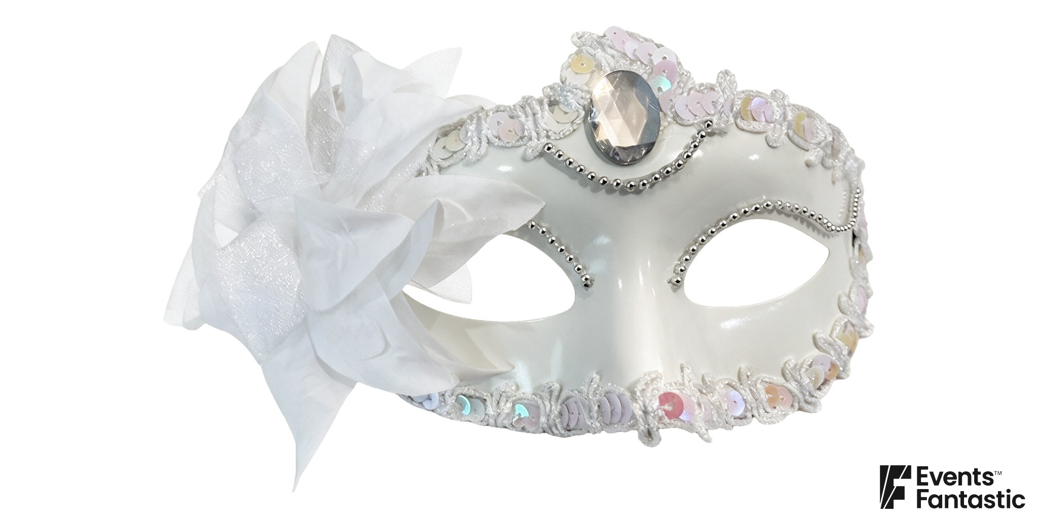 White decorative eye mask with a large side flower, oval brow ornament and curved trim around the eyes and outer edge.