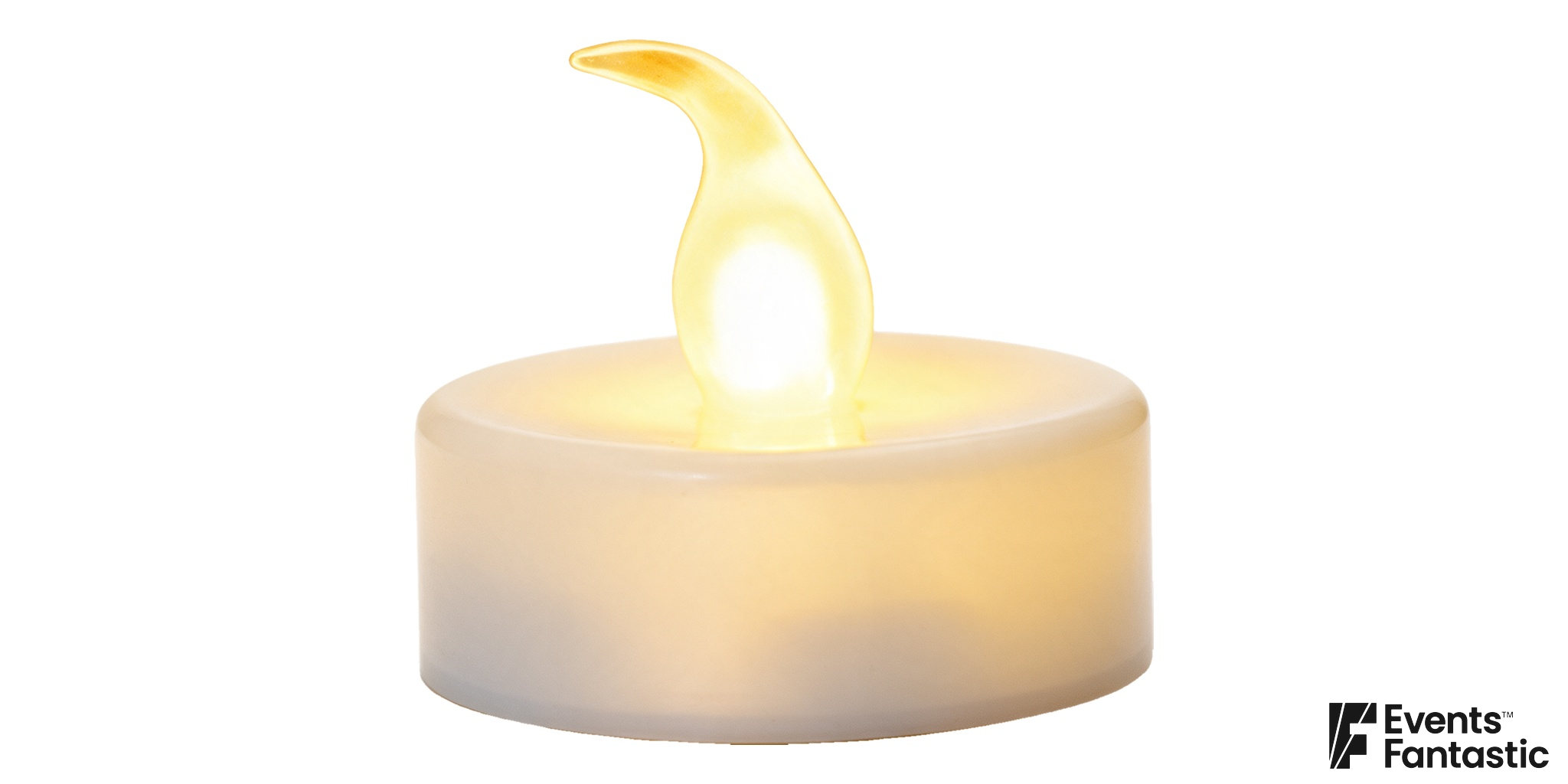 Flameless tea light with a pale round body and a curved yellow flame shape.