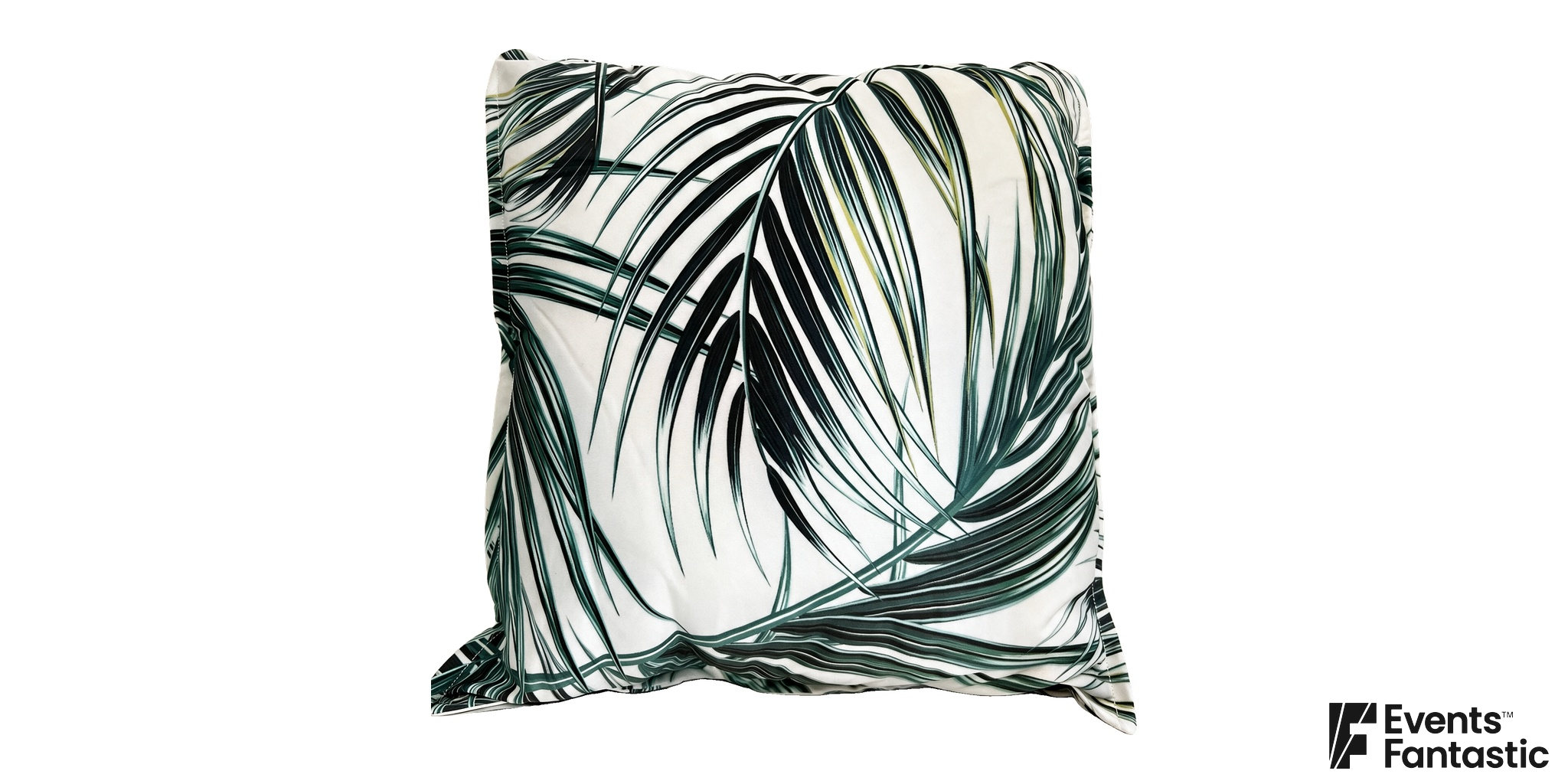 Pale square cushion with sweeping dark green palm fronds and a soft fabric border.