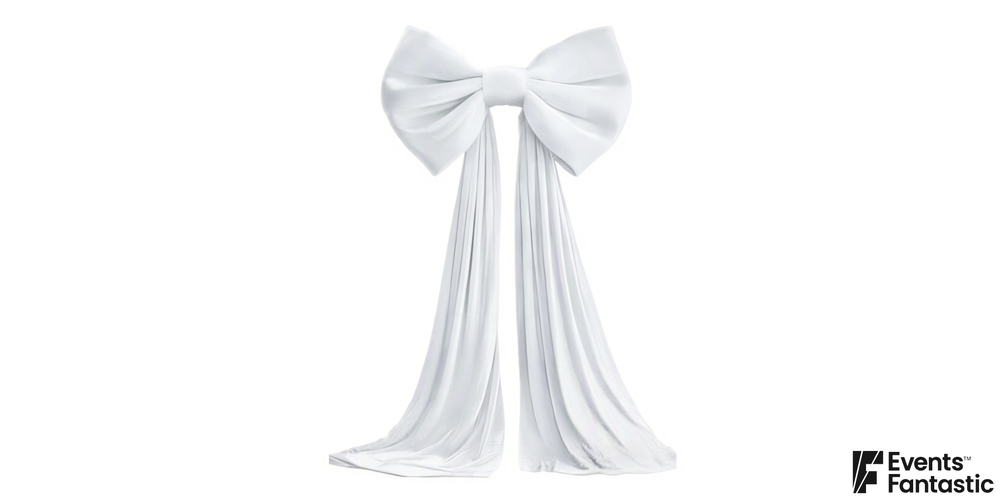 Giant white velvet bow with two long draping tails, for hire from Events Fantastic