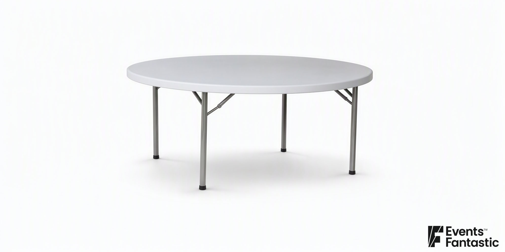 White round banquet table with a smooth moulded top on folding grey steel legs, shown bare without linen. Available to hire.